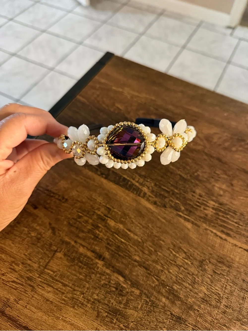 Embellished Black Headband with White Beads and Gold Accents